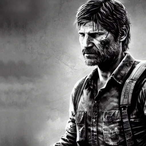 Image similar to Nikolaj Coster-Waldau as Joel in The Last Of Us, hyperrealism photo