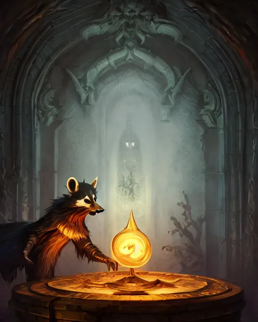 Image similar to anthropomorphic royal warlock raccoon casting a spell in a dungeon, dark souls, d & d, fantasy, intricate, action pose, elegant, highly detailed, digital painting, artstation, concept art, matte, sharp focus, volumetric lighting, illustration, hearthstone, art by artgerm, wlop, greg rutkowski and alphonse mucha