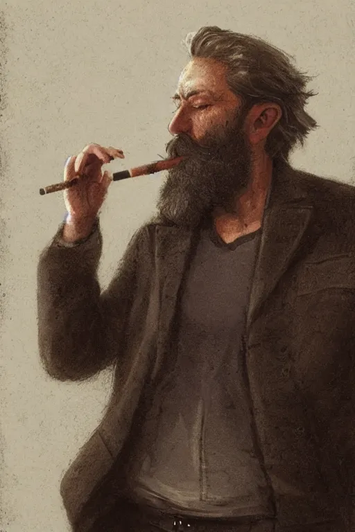 Image similar to portrait of a middle - aged writer with a beard, he is smoking a cigarette, style of greg rutkowski