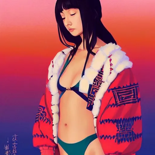 Image similar to a beautiful young japanese natalie portman alluring gravure model, stylized concept art, wearing elegant designer bomber jacket and one piece bikini, bomber jacket with mesoamerican patterns, mesoamerican native street fashion, princess mononoke, painted by ilya kuvshinov aesthetic, gorgeous, stunning, alluring, attractive, artstation, pinterest, digital art