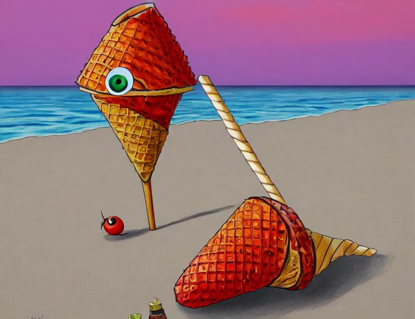 Prompt: a very detailed realistic painting of a lazy red burned tomato with 1 0 googly eyes on a sunny beach eating ice cream in a cone walking away, a sunset by james jean