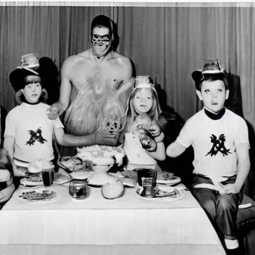 Image similar to occult satanic food ritual, family photo, 1 9 6 0 s, kodachrome