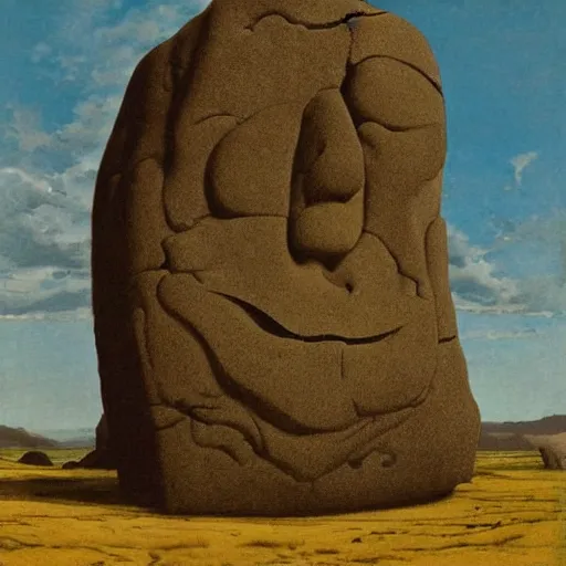 Image similar to accurate by he jiaying, by peder balke. a land art of a large granite boulder carved to resemble a human face. the nose is slightly upturned, & the eyes & mouth are closed.