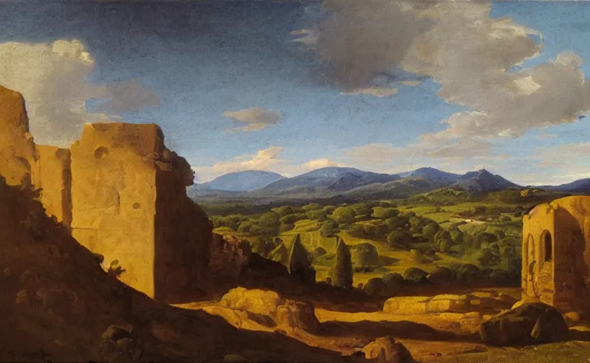 Image similar to an oil painting of a tomb with an intricately detailed door, hills in the background, inspired by nicolas poussin, inspired by guercino, in the style of french baroque, insanely detailed, mysterious mood