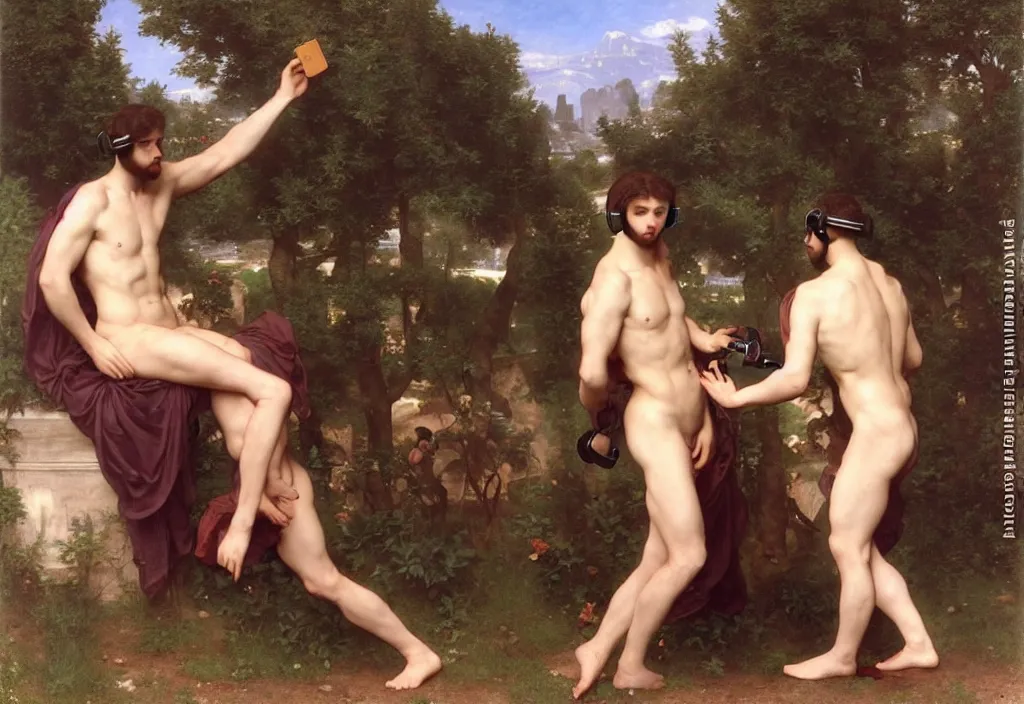 Prompt: pre-Raphaelite male muscular athletic gamers wearing headsets and playing video-games on laptops playstation5 x-box and PC by Bouguereau