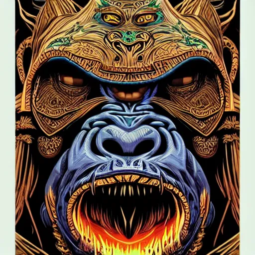 Image similar to barong family member, wiwek, mara demon, one single tribe member, jungle, one single mask, dark, ancient warrior, gorilla, lizard, tribal, inner glow, art by dan mumford and justin gerard