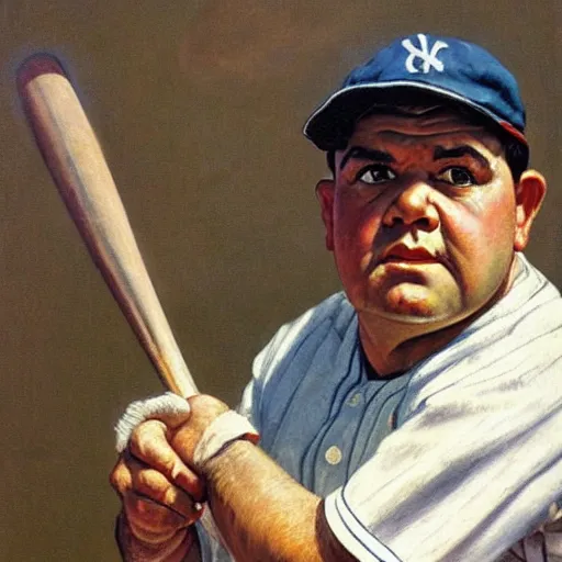 Image similar to a portrait painting of Babe Ruth. lifelike. Looks exactly like him. Painted by Norman Rockwell