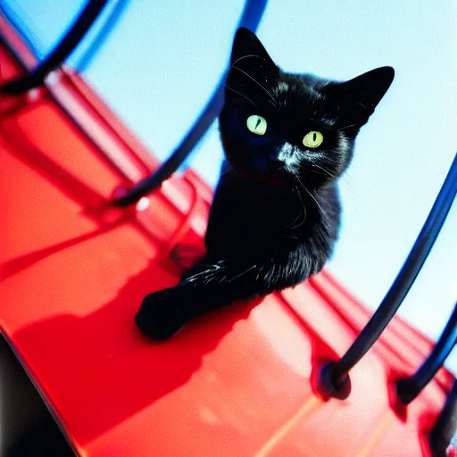 Image similar to happy black cat on a rollercoaster looping. focus on the cat. sunlight. polaroid photo. vivid colors.