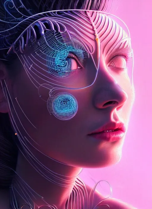 Image similar to a highly detailed long shot photo of very intricate female face portrait, futurism, rococo cyber neon lighting, detailed futuristic fibonacci jewelry, profile posing, hyper photorealistic, crispy quality, digital photography, trending in pinterest, cinematic, 4 k ultra hd, art by pascal blanche, art by greg rutkowski, art by artgerm,