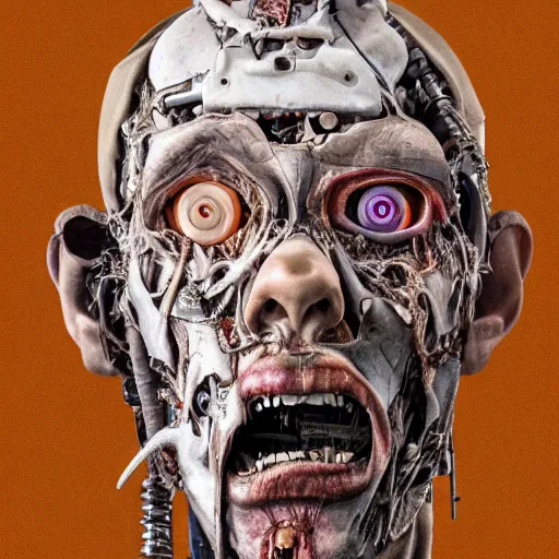 Prompt: photorealistic portrait of a twisted, corrupted, decaying cyborg