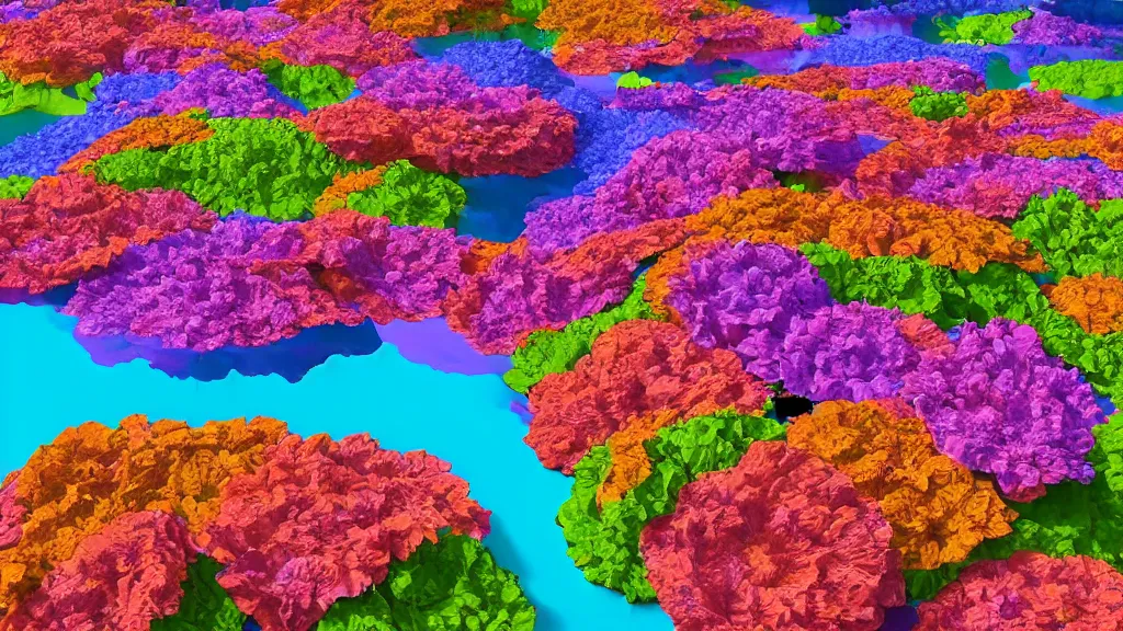 Image similar to digital illustration of a lake full of giant multi - colored petunia flowers by dr. seuss, reimagined by ilm and beeple : 1 | megaflora, spectral color, electric color, rolling hills : 0. 9 | fantasy : 0. 9 | unreal engine, deviantart, artstation, hd, 8 k resolution : 0. 8