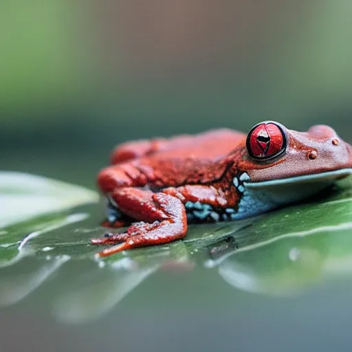 Prompt: photograph of a red frog and a blue bird