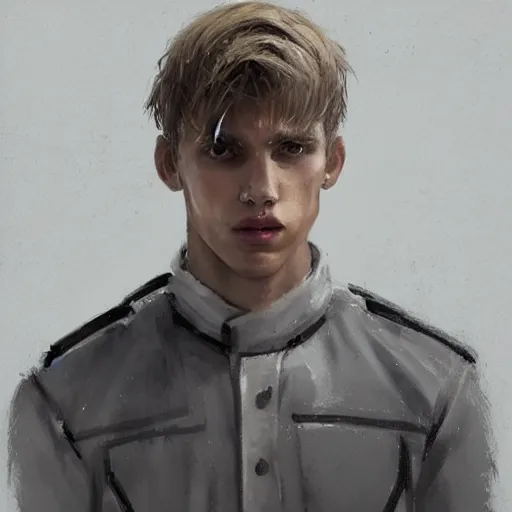 Prompt: Portrait of a man by Greg Rutkowski, he is about 20 years old, polish, short blonde hair with bangs, attractive, smart looking, slim, somewhat androgenic, he is wearing a white and black utilitarian jumpsuit, highly detailed portrait, scifi, digital painting, artstation, concept art, smooth, sharp foccus ilustration, Artstation HQ