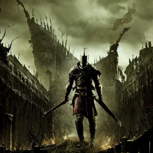 Prompt: a glossy promotional image for the upcoming dark fantasy action movie 'Dark Souls'