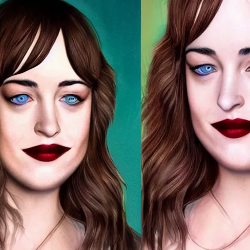 Image similar to beautiful dakota johnson with joker makeup, highly detailed, realistic face, detailed face, amazing digital art