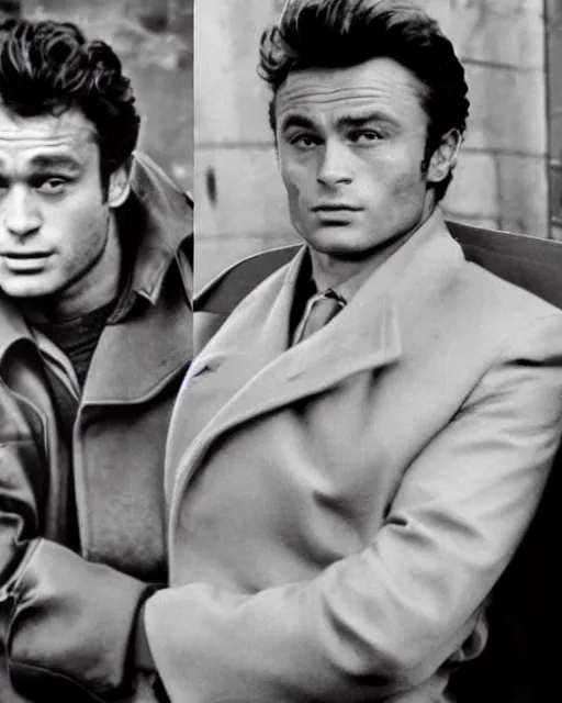 Image similar to genetic combination of peter falk and james dean, detective in overcoat, dynamic lighting, ultra detailed