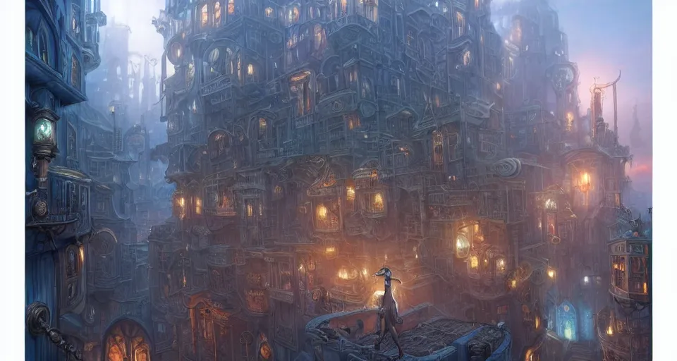 Prompt: landscape painting of fantasy metal steampunk city that has a light blue glow with walkways and lit windows with focus on hooded thieves in leathers climbing the buildings using a rope, fine details, magali villeneuve, artgerm, rutkowski