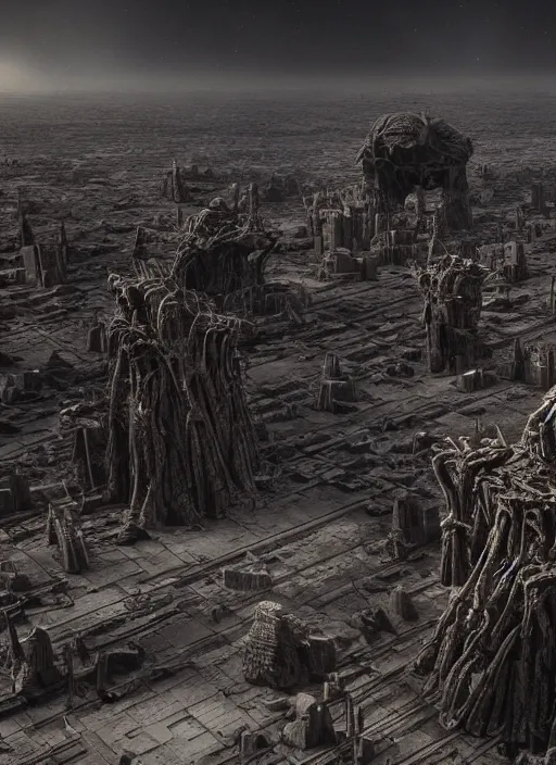 Prompt: exoplanet landscape, abandoned alien megastructure designed by giger, black mos eisley, towering skeletal temple skyscrapers, beksinski, hr giger, black clouds, octane render, hd, cinematic,