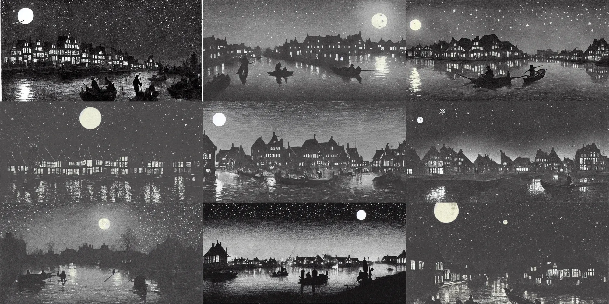 Prompt: Dutch houses along a river, silhouette!!!, Circular white full moon, black sky with stars, lit windows, stars in the sky, b&w!, Reflections on the river, a man is punting, flat!!, Front profile!!!!, street lanterns, 1904, Style of Frank Weston, illustration