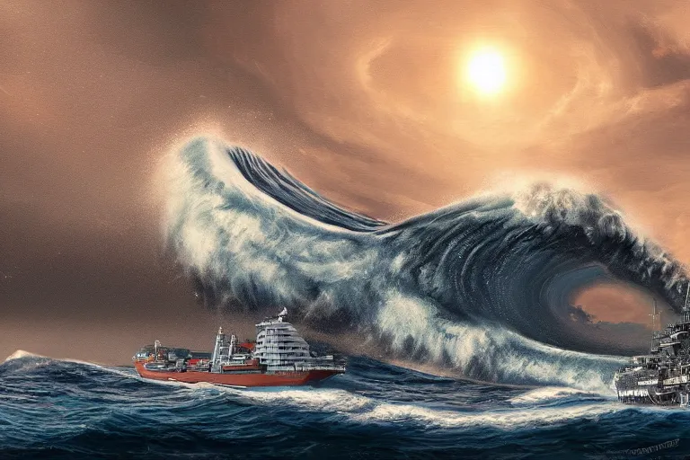 Prompt: a giant tsunami wave with cat size ship, digital painting, epic composition, highly detailed, 8 k