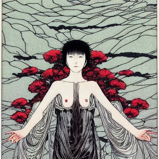 Image similar to !dream A rose covered statue of a demon, rocky surface with fractures of lines, gazing upwards towards the heaven, style of solarpunk, by Takato Yamamoto and Gigadō Ashiyuki