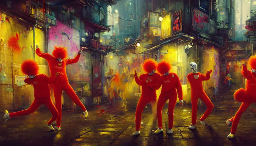 Image similar to highly detailed painting of a group of ronald mcdonalds with red afros, white facepaint, red noses and yellow tracksuits dancing in a cyberpunk alleyway by william turner, by greg rutkowski, by william constable, thick brush strokes and visible paint layers, 4 k resolution, retrowave colour scheme