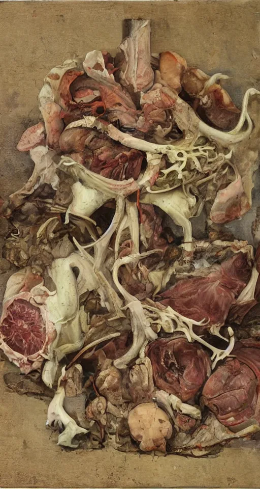 Image similar to Professional arrangement of human flesh, bones, teeth, and rotten meat in a flower vase