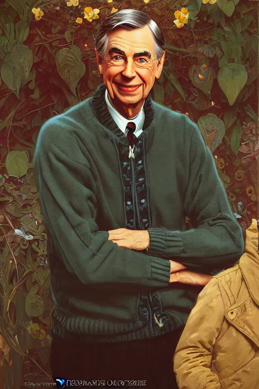 Image similar to Mister Rogers portrait by Stanley Artgerm Lau, greg rutkowski, thomas kindkade, alphonse mucha, loish, norman Rockwell