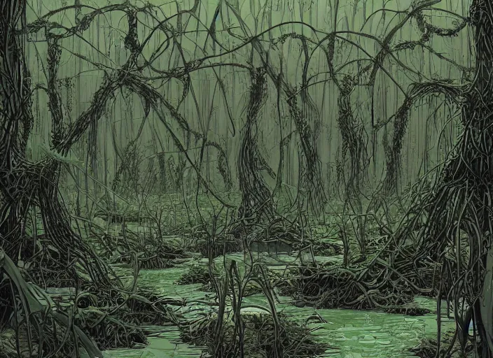 Prompt: a swamp with vines, hidden overgrown ruins, moebius, detailed, digital art, trending on artstation