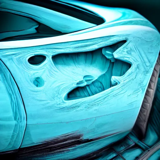 Image similar to deep turquoise color ice carved into the shape of a corvette, beauty shot, digital art, ultrareailstic