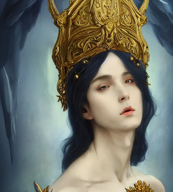 Image similar to portrait of a god of death, young male, in the underworld, elegant dark blue dress, very detailed, throne, very intricate details, jewelry, gold eyes, elaborate long black hairstyle, wings, cinematic, artstation, william bouguereau, rule of thirds, alphonse mucha, greg rutkowski, rossdraws, octane render