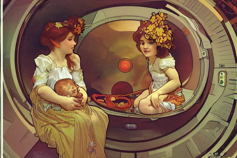 Prompt: a baby in a spaceship, very detailed, smooth render, illustration, art style by Alphonse Mucha