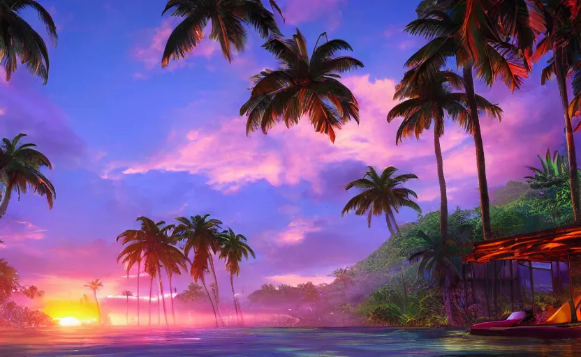 Image similar to a tropical resort in a jungle paradise, with a beautiful red and blue sunset, dynamic lighting, photorealistic fantasy concept art, trending on art station, stunning visuals, creative, cinematic, ultra detailed, ray tracing, sun rays