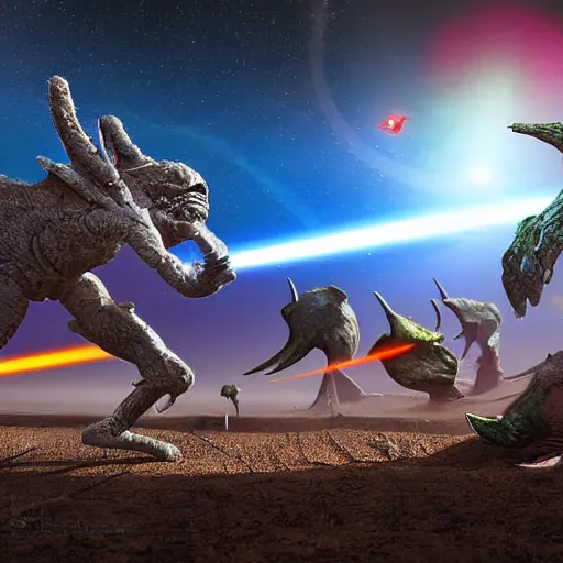 Image similar to laser war between funny creatures on a planet, digital art, award winning 4K