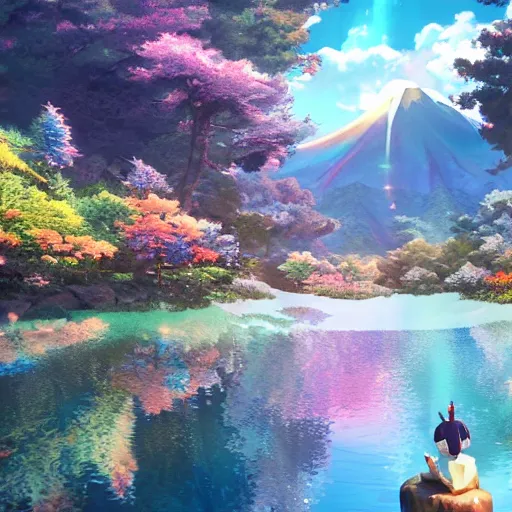 Image similar to mountains, sun, water, japan, anime style art, soft, concept art, intricate details, highly detailed, colorful, photorealistic, disney pixar, octane render, iridescent, anime, 8 k