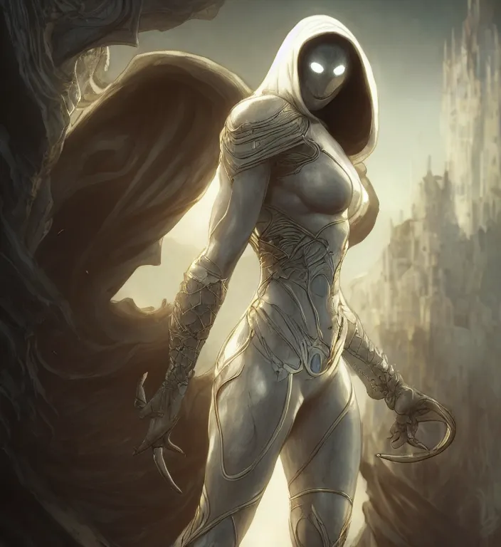 Image similar to female moon knight, hyper detailed, digital art, trending in artstation, cinematic lighting, studio quality, smooth render, unreal engine 5 rendered, octane rendered, art style by klimt and nixeu and ian sprigger and wlop and krenz cushart