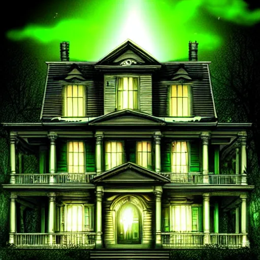 Prompt: haunted mansion, outside, upward angle, green light coming from window, ghosts night sky, lighting, clouds, artgerm, realistic, horror