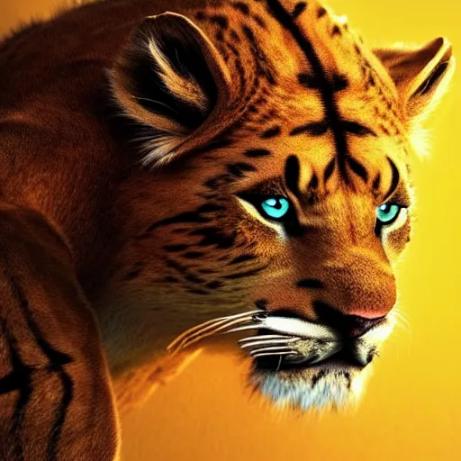 Image similar to mix of puma and jaguar and lion and tiger jumping over a cliff, giant cat monster, 8 k ultra realistic animal, detailed intricate fur, flame in the fur, full of colour, cinematic lighting, battered, trending on artstation, 4 k, hyperrealistic, focused, extreme details, unreal engine 5, cinematic, masterpiece, art by ayami kojima