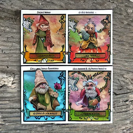 Image similar to garden gnome trading cards. magical attributes, spells, strengths and weakness, points, intricate borders, trading card style