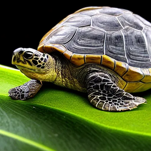 Image similar to highly detailed , photo realistic image , of a turtle , with many types of plant and insect life growing and riding on its shell