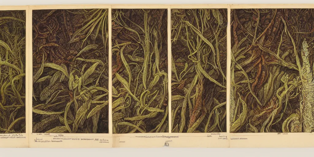 Image similar to high resolution scan of the pages of an old and alien herbarium, by john howe