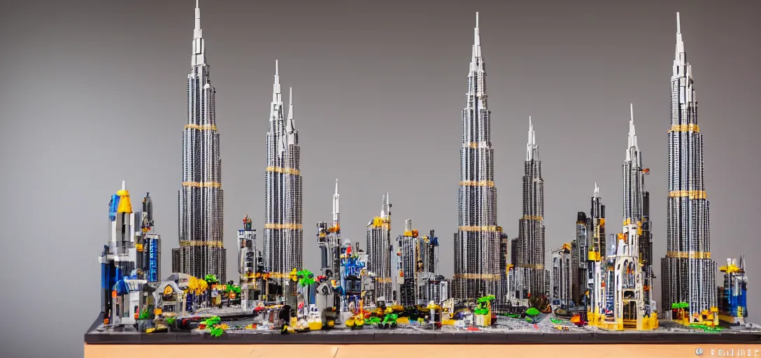 Image similar to detailed lego build of burj khalifa, dubai on basement table, professional photo, professional lighting, HDR