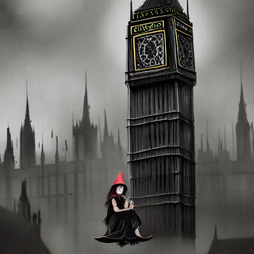 Prompt: A witch wearing a hat sitting on a broom stick and flying,the Big Ben is in background,gloomy lighting,creepy atmosphere,photo , highly detailed , high contrast, beautiful lighting, award winning ,u trending on art station, 8k, photo realistic