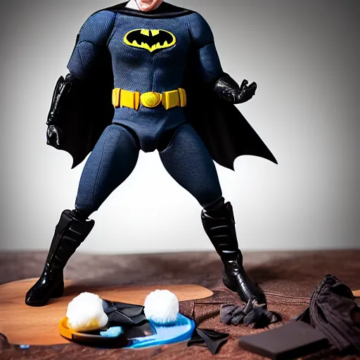 Prompt: product shot of action figure of Batman in boxer shorts