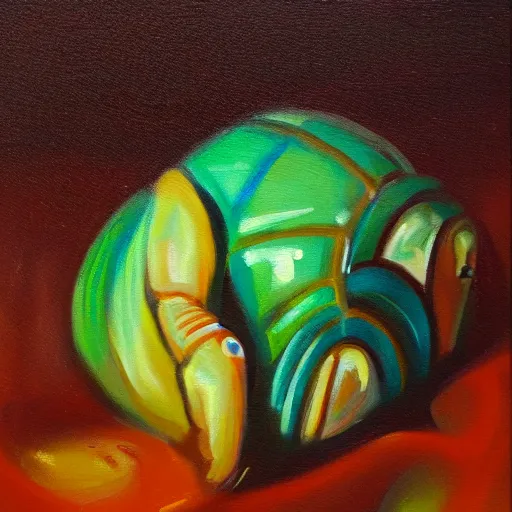 Prompt: loose painting of a hermit crab, macro, oil on canvas, hd