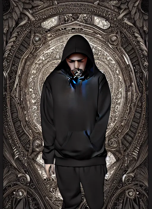 Image similar to guy with hoodie hiding on papercraft, realistic, surealism, lavish, steep, aesthetic, extravagant, shiny, fantasy, intricate, elegant, extremely higly detailed, digital painting, artstation, ornate, grotesque, baroque, concept art, smooth, sharp focus, full body focus, street wear digital art