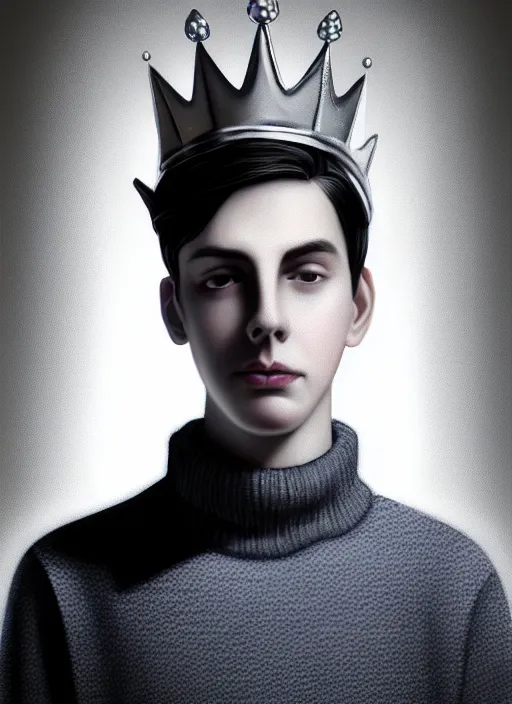 Image similar to portrait of teenage jughead jones wearing a light grey crown, crown, blue turtleneck, 1 9 5 0 s, closed eyes, photorealistic, black hair, glowing lighting, intricate, elegant, glowing lights, highly detailed, digital painting, artstation, concept art, smooth, sharp focus, illustration, art by wlop, mars ravelo and greg rutkowski