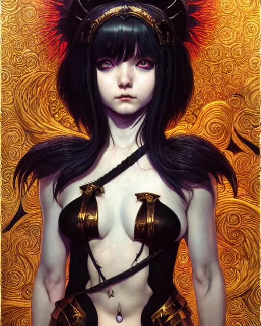 Image similar to portrait of beautiful cute young goth maiden girl with short white hairs in warhammer bikini armor, art by ( ( ( kuvshinov ilya ) ) ) and wayne barlowe and gustav klimt and artgerm and wlop