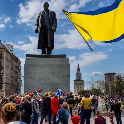 Prompt: a crowd of people with ukrainian flags bring down statue of vladimir lenin, leica sl 2 5 0 mm, dslr, vivid color, high quality, high textured, real life