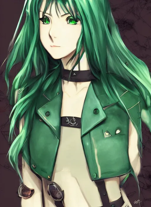 Prompt: green haired anime girl wearing a leather crop top, anime style, by makoto shinkai, by wenjun lin, digital drawing, gorgeous face, steampunk